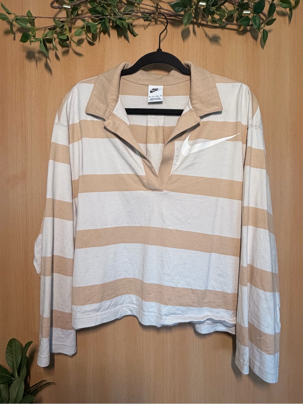 Nike Women's Beige & White Striped Cropped Long Sleeve Polo